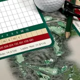Golfutrustning: scorekort, peggar, golfboll och en golfbanekarta. Perfekt för ett par i golf som planerar sin runda.