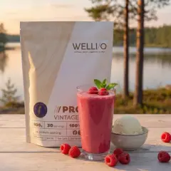 En protein smoothie med hallon och mynta, bredvid en påse proteinpulver och en skål vaniljglass, vid en sjö i solnedgången.