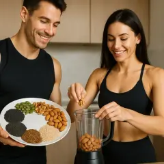 Ett par förbereder ett hälsosamt recept med proteinpulver. Mannen håller en tallrik med nötter och frön, medan kvinnan lägger mandlar i en mixer.