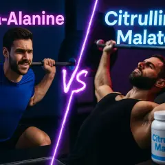 Två män lyfter vikter, en med Beta-Alanine, den andra med Citrulline Malate. Upptäck citrulline malate effekt för din träning.