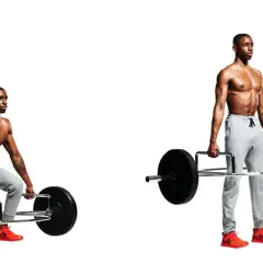 Man performing trap bar deadlifts, shown in both the starting and finishing positions.