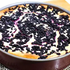 En nybakad blåbärscheesecake i en form. En perfekt nyttig cheesecake för fika.