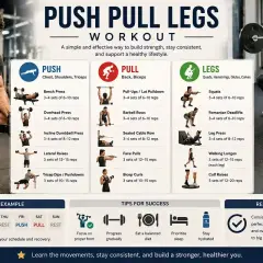 Träningsschema för push, pull, legs med övningar för bröst, rygg, ben och armar. En guide för att bygga styrka.