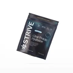 A dark pouch of Strive Clear Protein Hydration, Coconut Mojito flavor, with nutritional info.