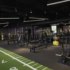 Gym med moderna träningsmaskiner, inklusive en t bar row. Grön konstgräsmatta med markeringar löper längs golvet.