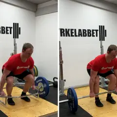 Man utför enbens marklyft med en skivstång. Bilden visar två steg i övningen.