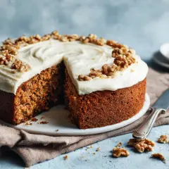 En saftig morotskaka med krämig frosting och valnötter, redo att avnjutas. En riktigt nyttig morotskaka!