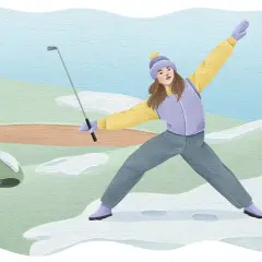 En person med golfklubba i en snöig miljö, redo för golf vinter.