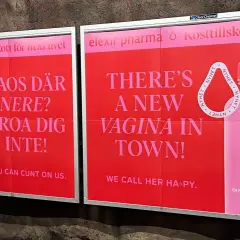 Reklam för kosttillskottet Happy Vagina. Frågar om kaos där nere och säger att man kan lita på dem.