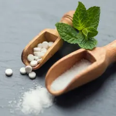 Två träskopor med socker och stevia-tabletter. Är stevia farligt? Frågan kvarstår.