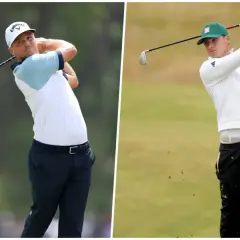 Två golfare i full sving. Den ena bär en vit keps och ljusblå tröja, den andra en grön keps och vit tröja. De tävlar i golf OS.