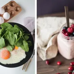 En frukost med stekt ägg, spenat och bär i yoghurt. En hälsosam start med bra kalorier för dagen.