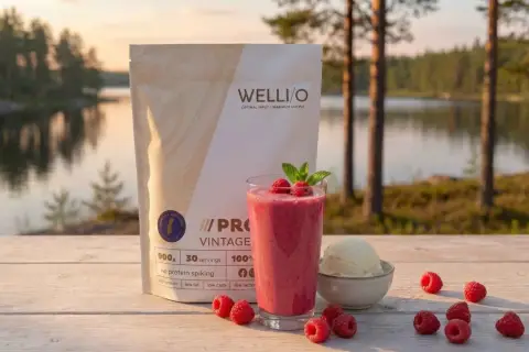 En protein smoothie med hallon och mynta, bredvid en påse proteinpulver och en skål vaniljglass, vid en sjö i solnedgången.