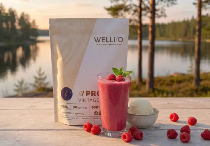 En protein smoothie med hallon och mynta, bredvid en påse proteinpulver och en skål vaniljglass, vid en sjö i solnedgången.