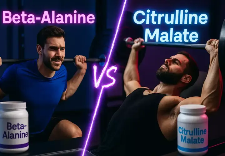 Två män lyfter vikter, en med Beta-Alanine, den andra med Citrulline Malate. Upptäck citrulline malate effekt för din träning.