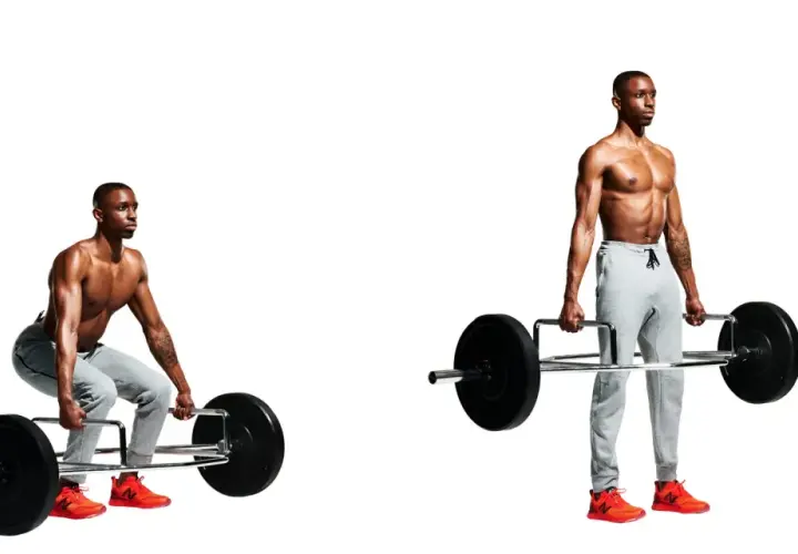 Man performing trap bar deadlifts, shown in both the starting and finishing positions.