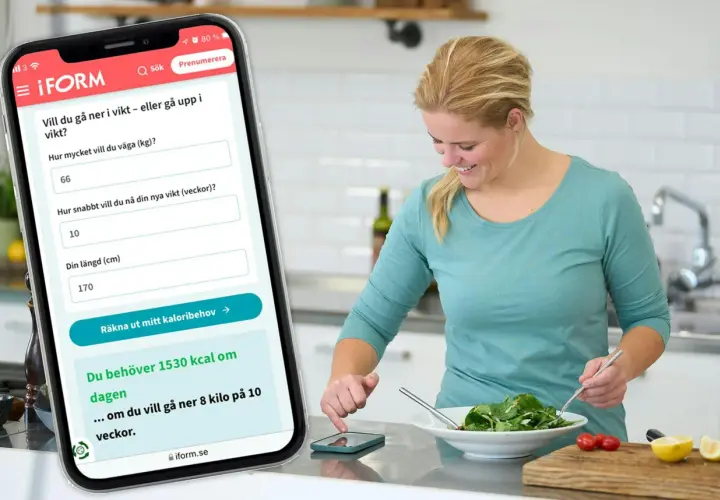 Kvinna använder app för att räkna ut hur många kalorier per dag hon behöver för att nå sin målvikt.