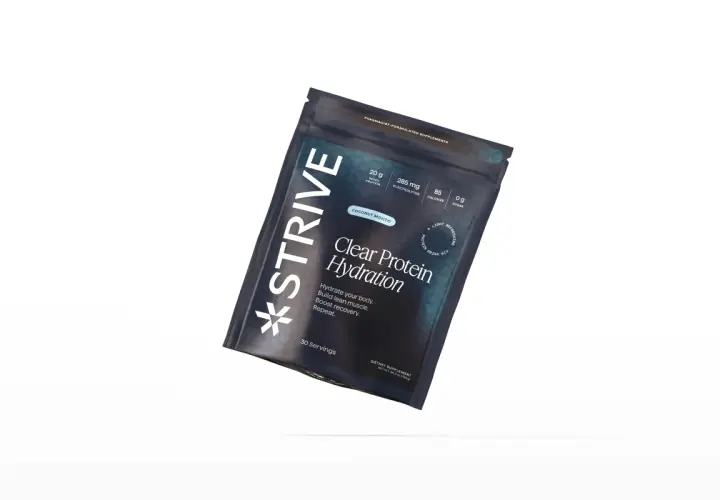 A dark pouch of Strive Clear Protein Hydration, Coconut Mojito flavor, with nutritional info.