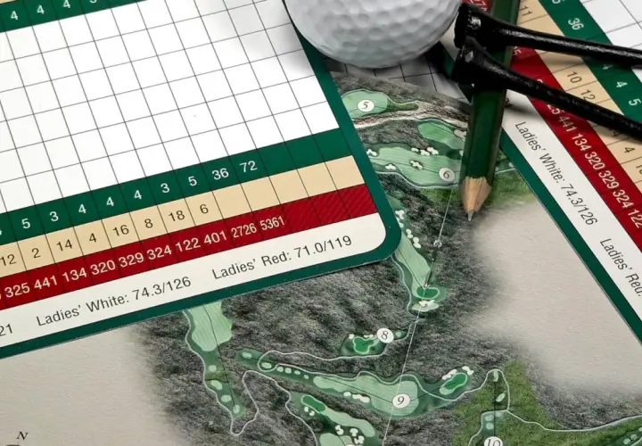 Golfutrustning: scorekort, peggar, golfboll och en golfbanekarta. Perfekt för ett par i golf som planerar sin runda.