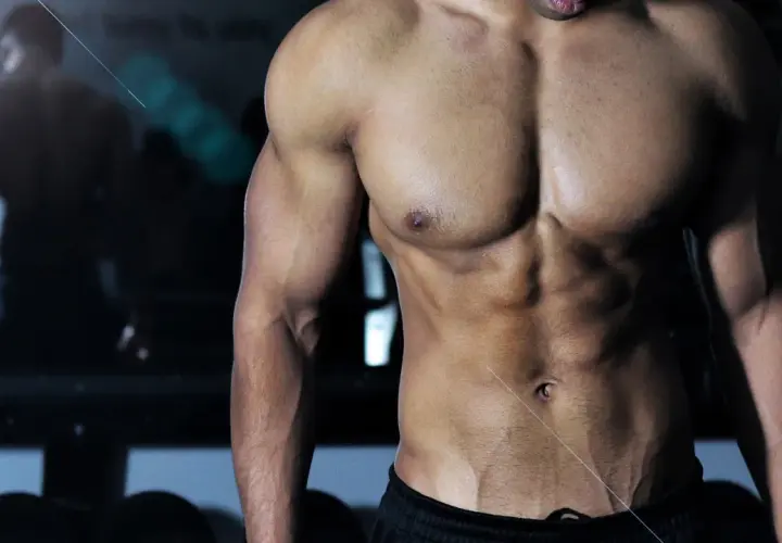 Muskulös man i gym, med fokus på magmuskler och armar. Bra inspiration för viktnedgång tips och träning.