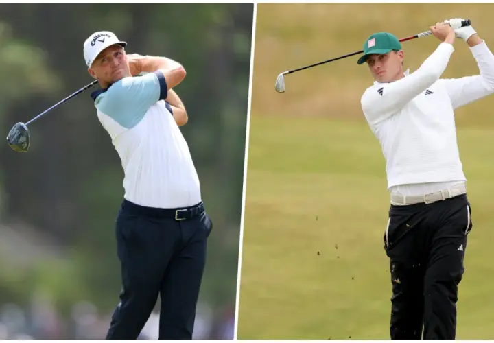 Två golfare i full sving. Den ena bär en vit keps och ljusblå tröja, den andra en grön keps och vit tröja. De tävlar i golf OS.