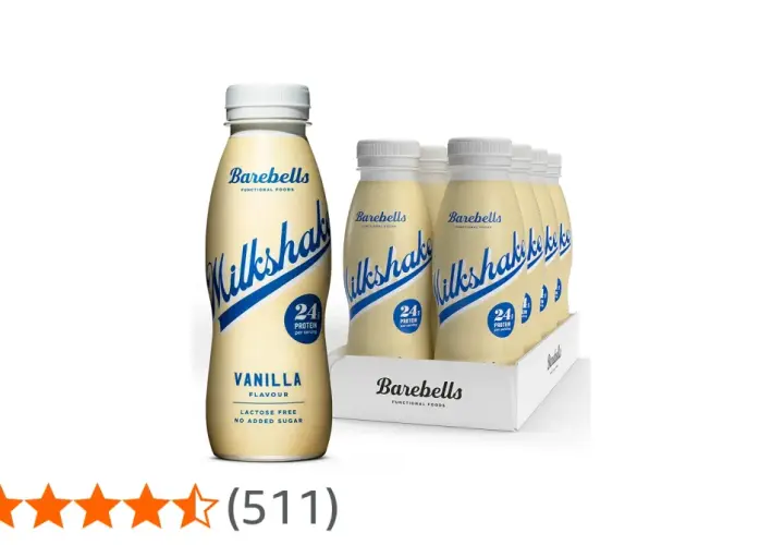 Barebells vaniljmilkshake, 24g protein per portion, laktosfri, inget tillsatt socker. Perfekt för dig som vill ha koll på dina barebells milkshake kcal.