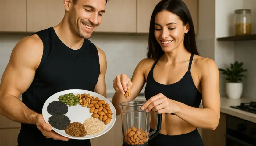 Ett par förbereder ett hälsosamt recept med proteinpulver. Mannen håller en tallrik med nötter och frön, medan kvinnan lägger mandlar i en mixer.