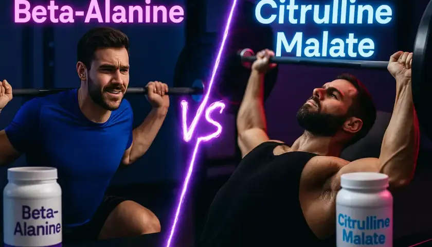 Två män lyfter vikter, en med Beta-Alanine, den andra med Citrulline Malate. Upptäck citrulline malate effekt för din träning.