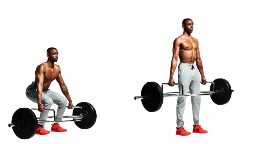 Man performing trap bar deadlifts, shown in both the starting and finishing positions.