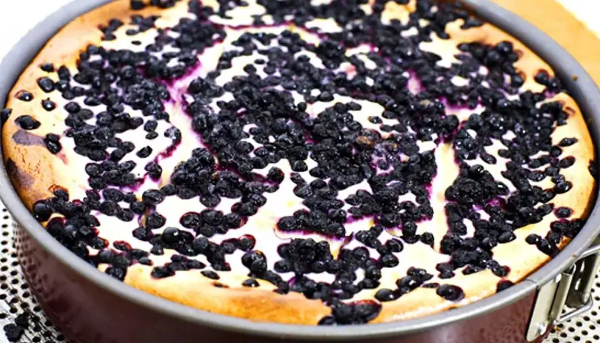 En nybakad blåbärscheesecake i en form. En perfekt nyttig cheesecake för fika.