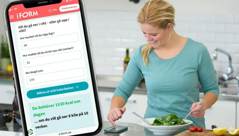 Kvinna använder app för att räkna ut hur många kalorier per dag hon behöver för att nå sin målvikt.