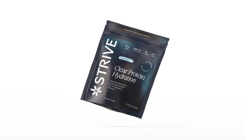 A dark pouch of Strive Clear Protein Hydration, Coconut Mojito flavor, with nutritional info.