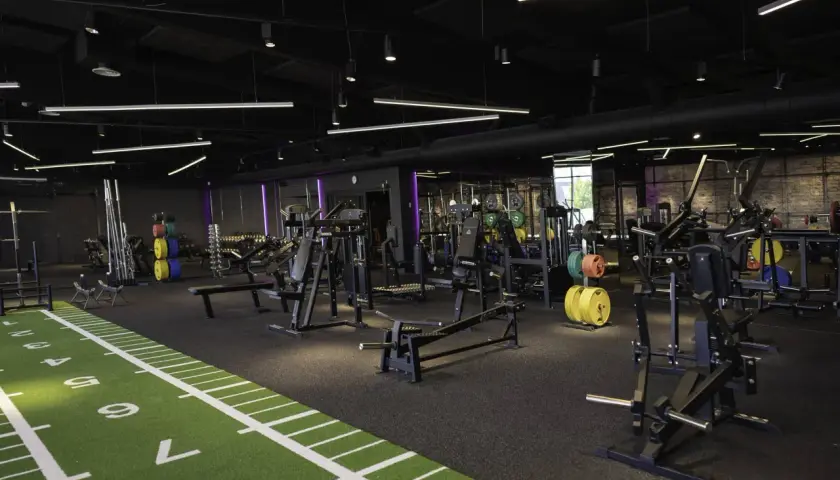 Gym med moderna träningsmaskiner, inklusive en t bar row. Grön konstgräsmatta med markeringar löper längs golvet.