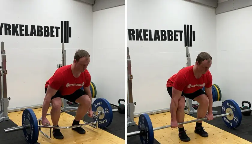 Man utför enbens marklyft med en skivstång. Bilden visar två steg i övningen.
