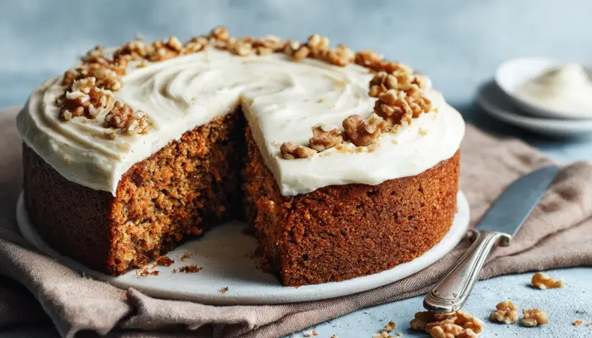 En saftig morotskaka med krämig frosting och valnötter, redo att avnjutas. En riktigt nyttig morotskaka!