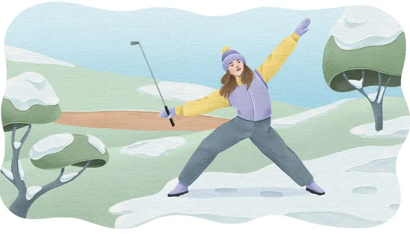 En person med golfklubba i en snöig miljö, redo för golf vinter.