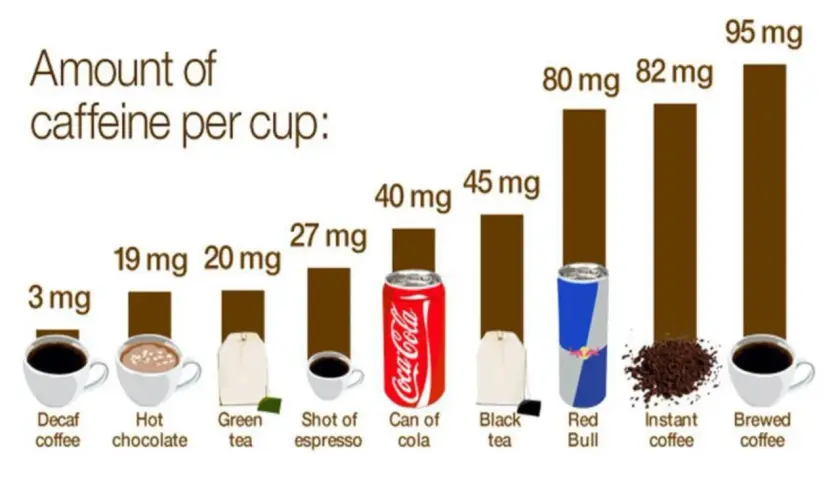 Grafik visar mängden adenosin och koffein i olika drycker. Bryggkaffe har mest koffein, medan koffeinfritt kaffe har minst.