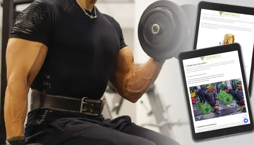 Man utför preacher curls med en hantel. En surfplatta visar övningar för biceps, inklusive "spider curls".