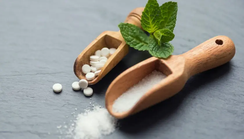 Två träskopor med socker och stevia-tabletter. Är stevia farligt? Frågan kvarstår.