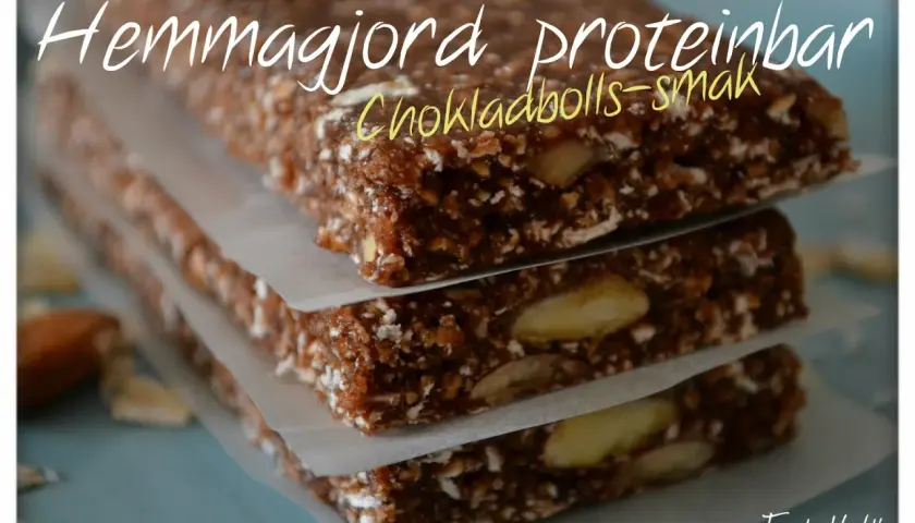 Hemmagjord proteinbar med chokladbollssmak. Ett enkelt recept för hemmagjorda proteinbars.