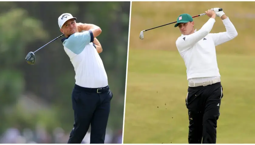 Två golfare i full sving. Den ena bär en vit keps och ljusblå tröja, den andra en grön keps och vit tröja. De tävlar i golf OS.