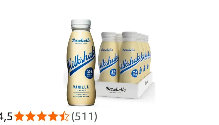 Barebells vaniljmilkshake, 24g protein per portion, laktosfri, inget tillsatt socker. Perfekt för dig som vill ha koll på dina barebells milkshake kcal.