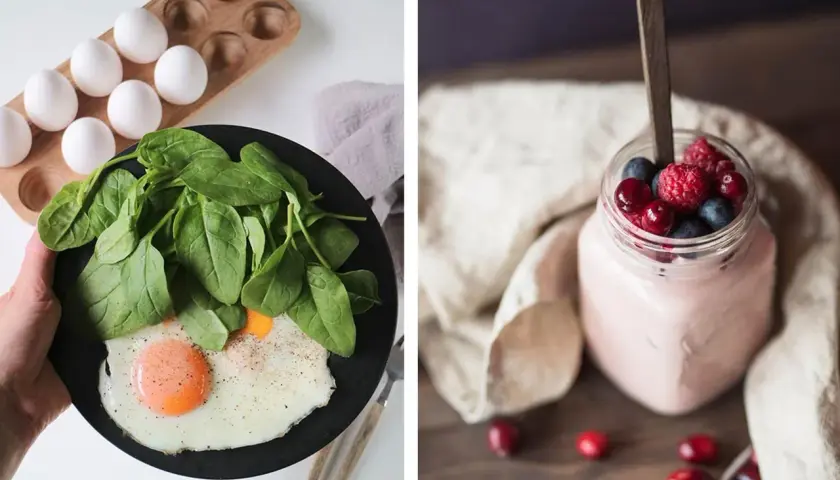 En frukost med stekt ägg, spenat och bär i yoghurt. En hälsosam start med bra kalorier för dagen.