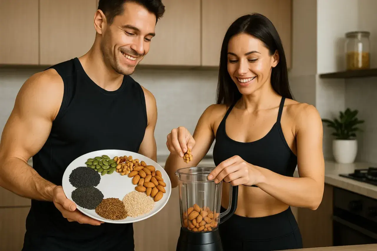 Ett par förbereder ett hälsosamt recept med proteinpulver. Mannen håller en tallrik med nötter och frön, medan kvinnan lägger mandlar i en mixer.