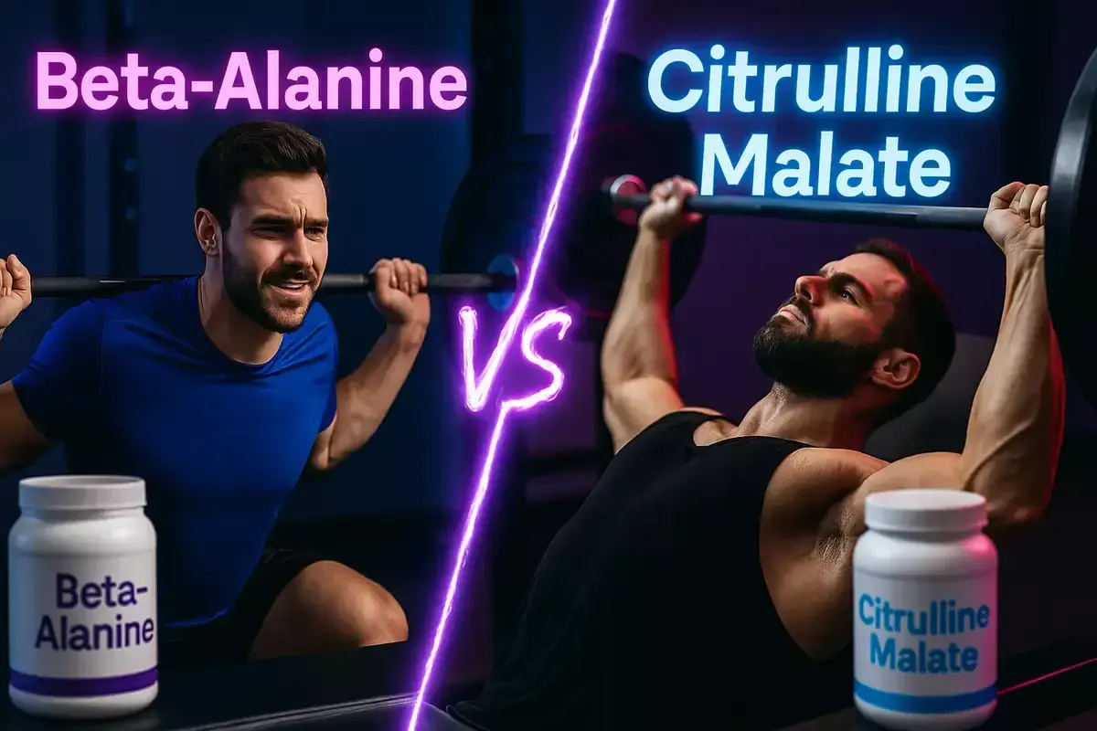 Två män lyfter vikter, en med Beta-Alanine, den andra med Citrulline Malate. Upptäck citrulline malate effekt för din träning.