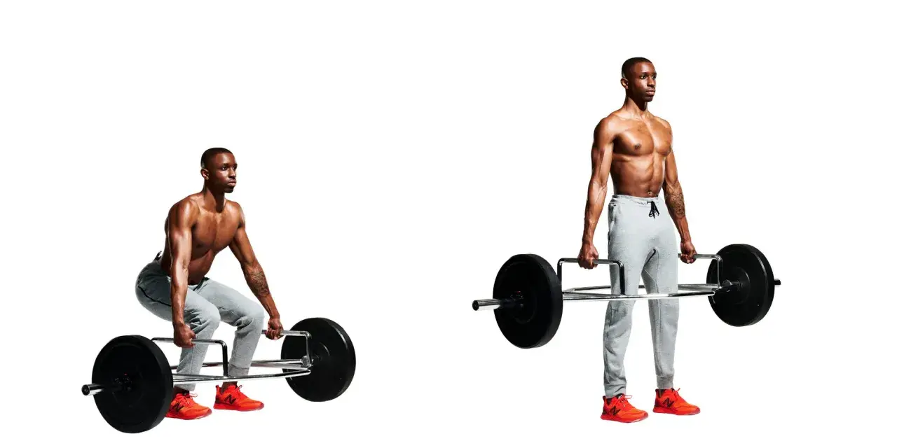 Man performing trap bar deadlifts, shown in both the starting and finishing positions.