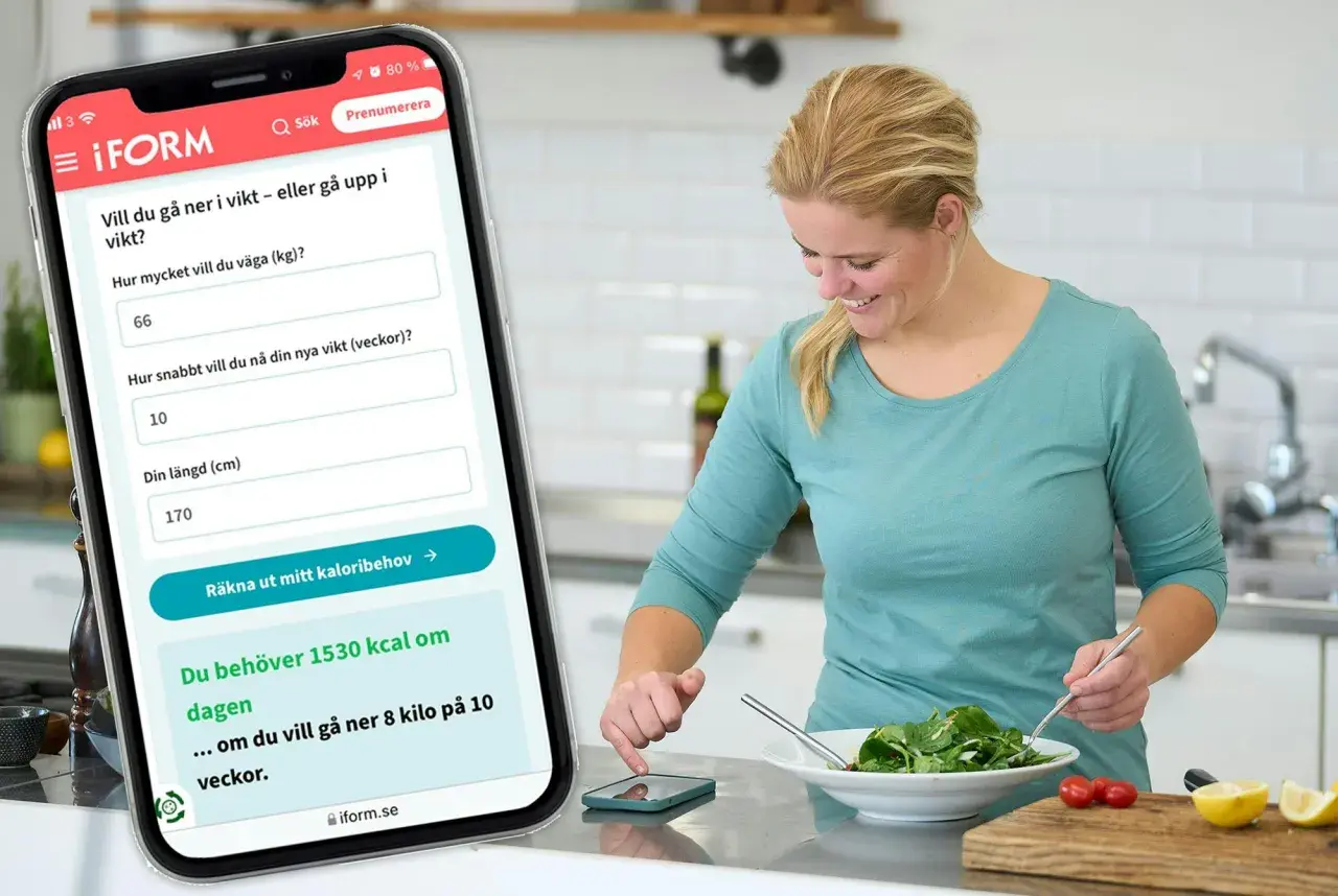 Kvinna använder app för att räkna ut hur många kalorier per dag hon behöver för att nå sin målvikt.