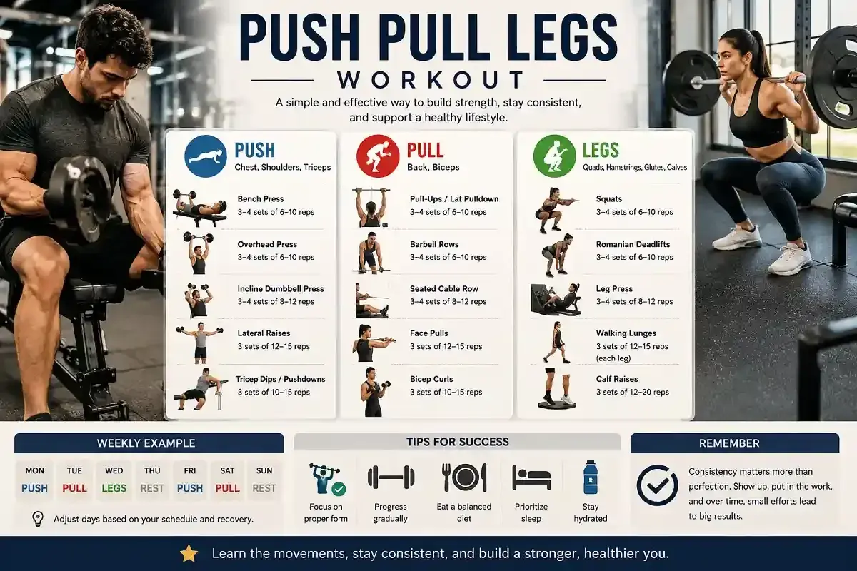Träningsschema för push, pull, legs med övningar för bröst, rygg, ben och armar. En guide för att bygga styrka.