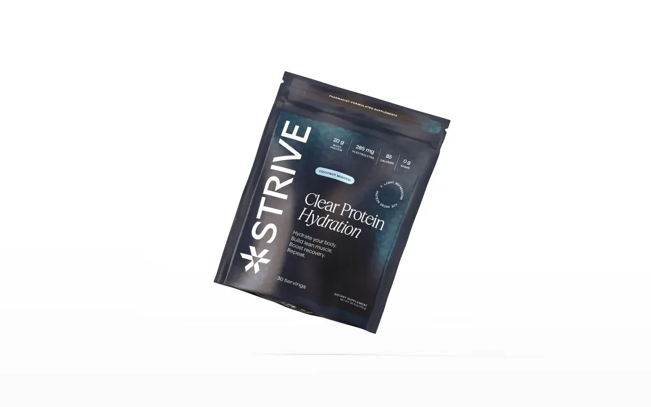 A dark pouch of Strive Clear Protein Hydration, Coconut Mojito flavor, with nutritional info.