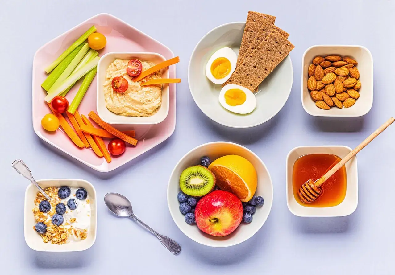 En frukost med kolhydratrik mat: yoghurt med granola och blåbär, frukt, ägg, kex, nötter, honung och grönsaksstavar med hummus.